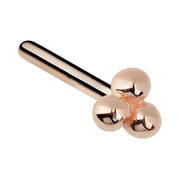 14K rose gold trinity bead straight post nose ring with blush-toned three-ball cluster end
