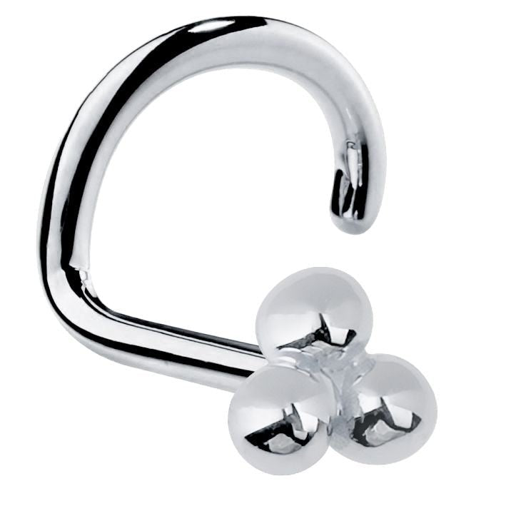 14K white gold trinity bead nose ring twist screw style with polished three-ball cluster
