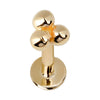 14k yellow gold trinity bead flat back labret stud, front view showing polished three-bead cluster top
