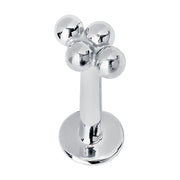 14K white gold 4-bead cluster flat back labret stud, front view showing bright silver tone