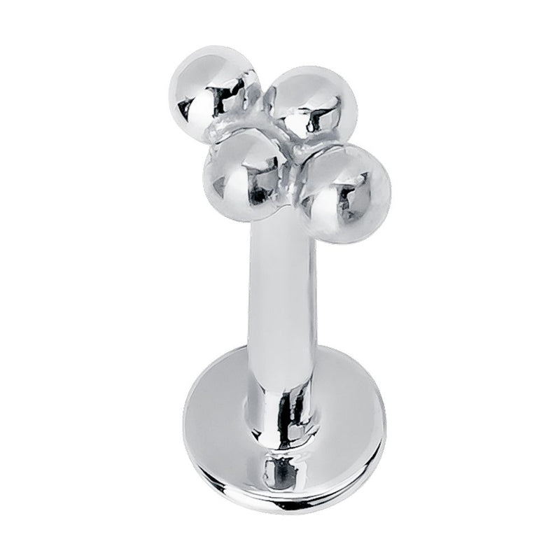 14K white gold 4-bead cluster flat back labret stud, front view showing bright silver tone