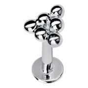 14K white gold beaded triangle flat back labret stud, angled view showing polished silver-tone clustered ball top