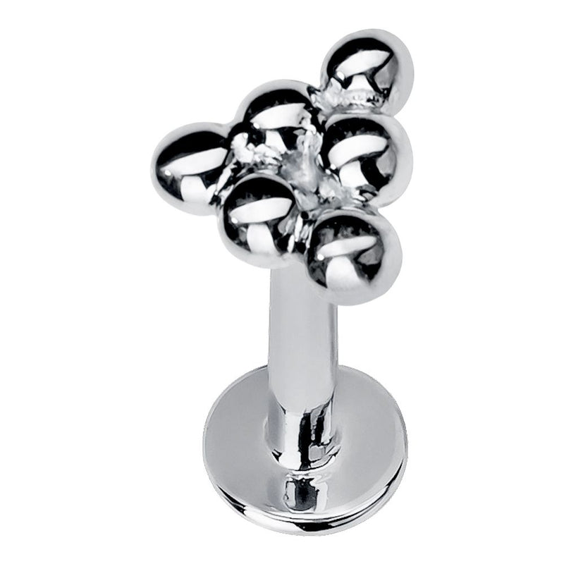 14K white gold beaded triangle flat back labret stud, angled view showing polished silver-tone clustered ball top