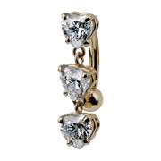 14K yellow gold trinity heart CZ reverse belly ring with three dangling heart stones, side view
