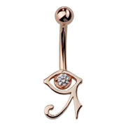 14k rose gold Eye of Horus navel ring with clear CZ pupil and curved Egyptian markings, front view