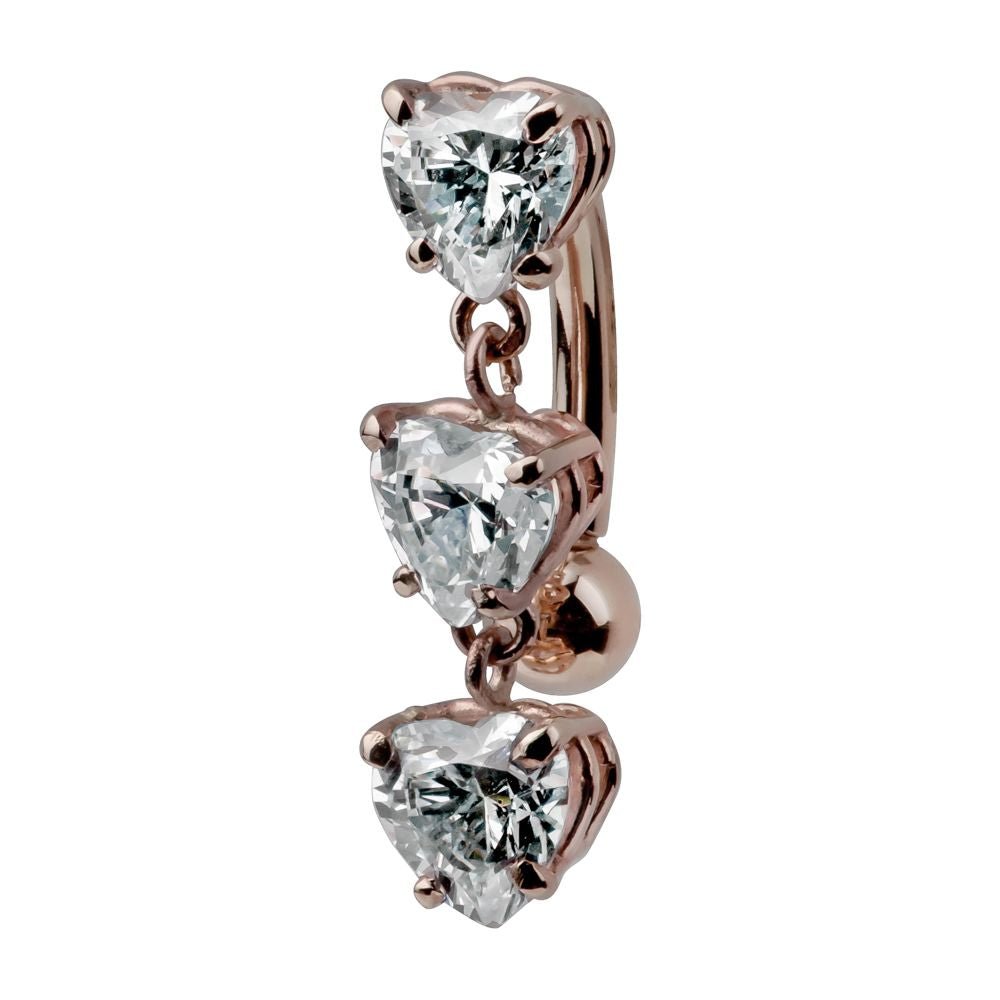 Trinity Heart Cubic Zirconia 14K Gold Internal Reverse Belly Ring-14K Rose Gold   7 16"