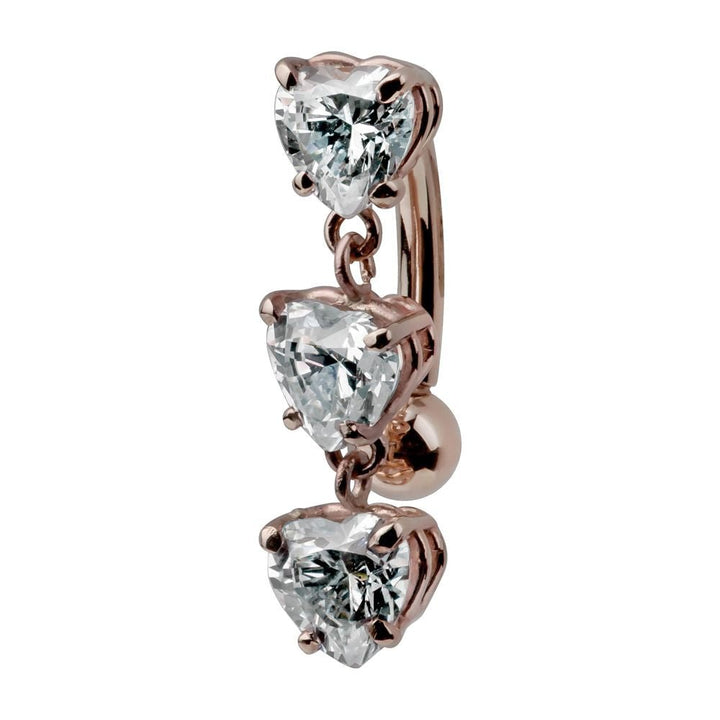 Trinity Heart Cubic Zirconia 14K Gold Internal Reverse Belly Ring-14K Rose Gold   7 16"