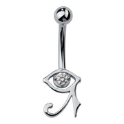 14k white gold Eye of Horus internal belly ring with CZ gem, front view on white background