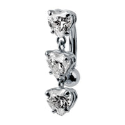 14K white gold reverse navel ring with three cascading heart-cut CZ charms, side view