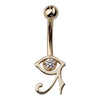 14k yellow gold Eye of Horus belly ring with CZ pupil, front view on white background