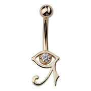 14k yellow gold Eye of Horus belly ring with CZ pupil, front view on white background