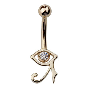 14k yellow gold Eye of Horus belly ring with CZ pupil, front view on white background