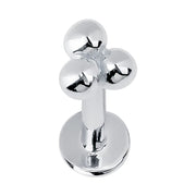 14k white gold trinity bead flat back labret stud, front view showing polished three-bead cluster and disc backing