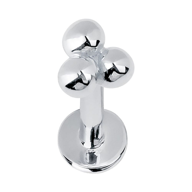14k white gold trinity bead flat back labret stud, front view showing polished three-bead cluster and disc backing
