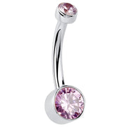 14K white gold Petite Bella navel ring with pink CZ double bezel setting, angled side view