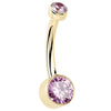 14K yellow gold belly ring with dual bezel-set pink CZ stones, angled side view