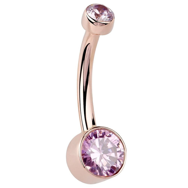 14K rose gold belly ring with dual bezel-set pink CZ stones, angled side profile view