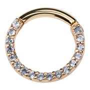 14K yellow gold CZ pavé clicker ring with clear stones along lower half, front view
