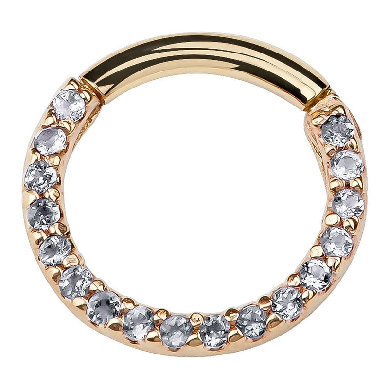 14K yellow gold CZ pavé clicker ring with clear stones along lower half, front view
