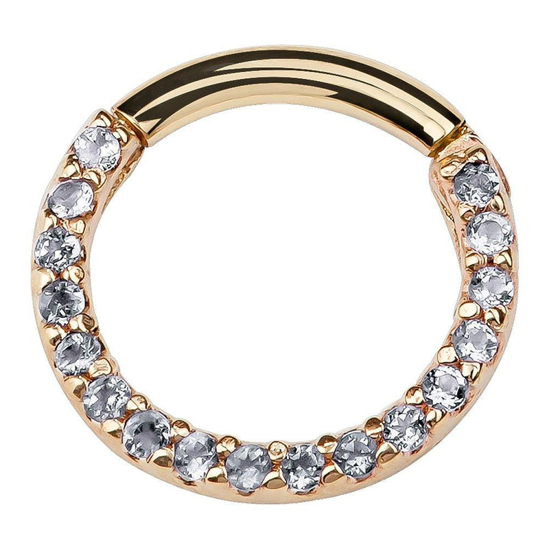 14K yellow gold diamond pave clicker ring, front view showing hinged segment closure