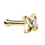 14K yellow gold star CZ nose bone stud, angled view showing ball-end post and petal design