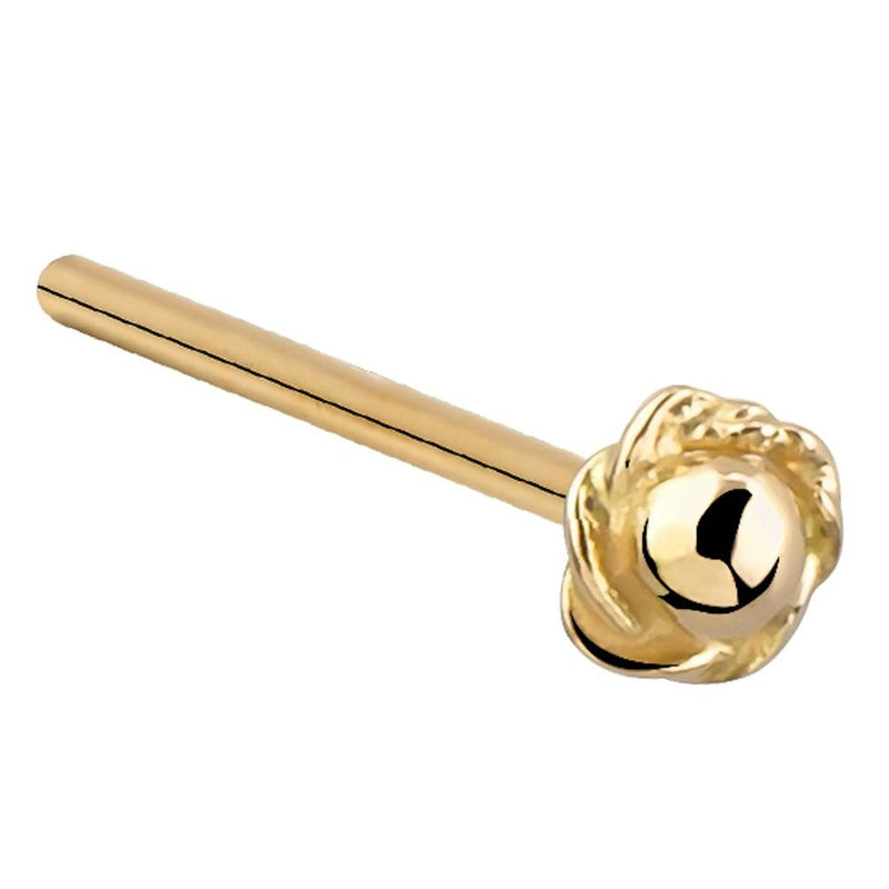 14K yellow gold rose bud nose stud with straight post pin style, angled view showing post and charm