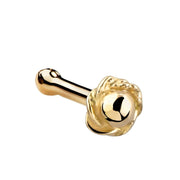 14K yellow gold rose bud nose bone stud, angled view showing ball end and intricate petal charm