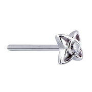 14K white gold star CZ nose stud on straight pin post, angled view showing solid petal top