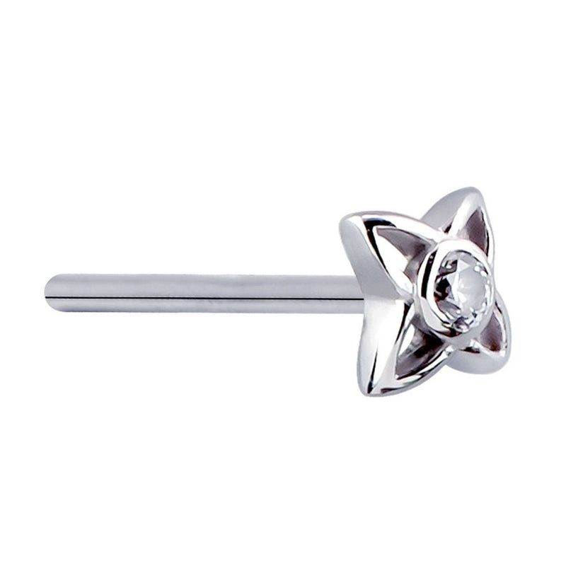 14K white gold star CZ nose stud on straight pin post, angled view showing solid petal top