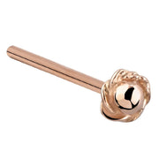 14K rose gold rose bud nose stud with straight post pin style, angled view showing post and petal charm