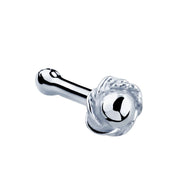14K white gold rose bud nose bone stud, angled view showing ball end and intricate petal charm