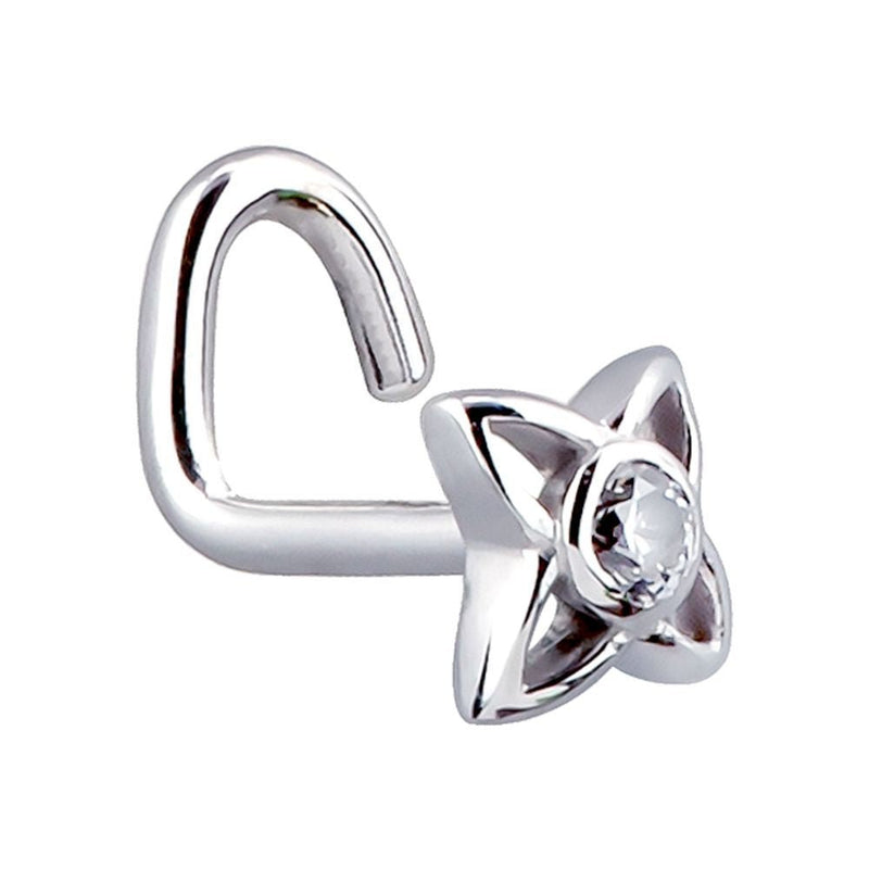 14K white gold star CZ nose ring with twist screw post, angled view showing curl