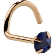 14K yellow gold genuine sapphire nose ring twist style, close angled view highlighting blue stone
