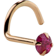 14K rose gold genuine ruby twist nose ring, top-down angled view highlighting warm gold and red stone