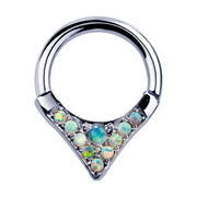 14K white gold tribal V-shape opal hinged clicker ring, front view on white background
