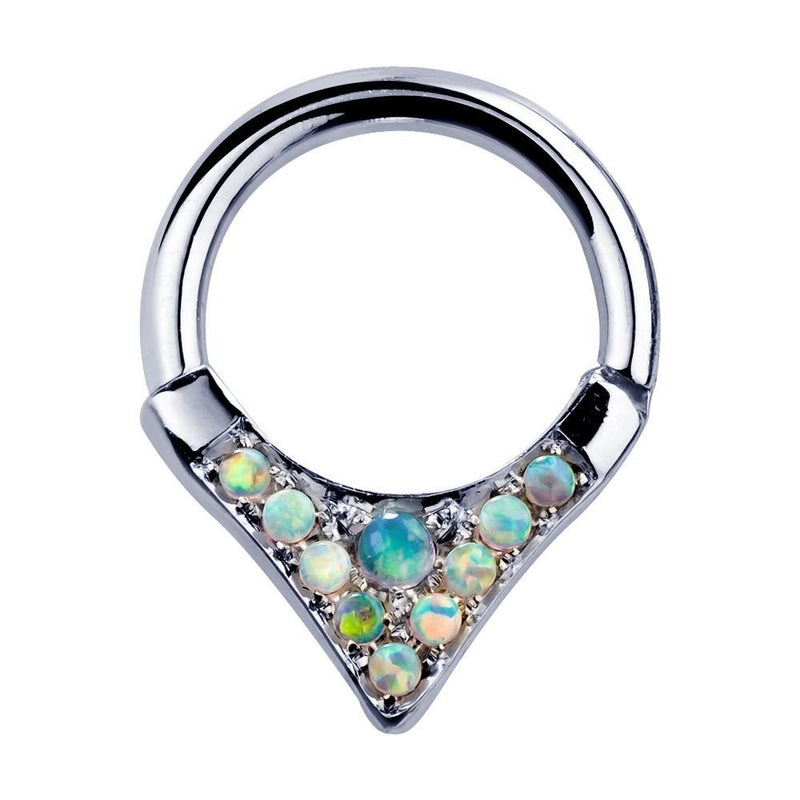 14K white gold tribal V-shape opal hinged clicker ring, front view on white background