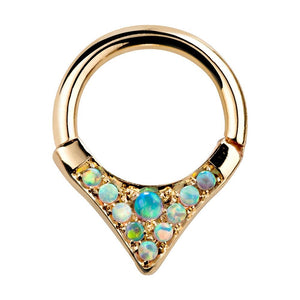 14K yellow gold tribal V-shape opal hinged clicker ring, front view on white background