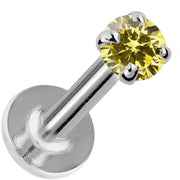 2mm citrine flat back labret in 14K white gold with 4-prong setting, angled view on white background