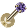 2mm amethyst prong-set labret in 14K yellow gold, close angled view emphasizing faceted purple gemstone