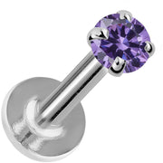 14K white gold flat back labret with 3mm prong-set amethyst, showing flat disc backing and post