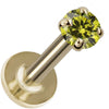 2mm peridot 14K yellow gold labret showing flat disc back and four-prong gemstone top, close angle