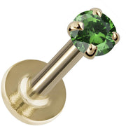 3mm emerald 14K yellow gold prong-set flat back labret, angled view showing flat disc backing and post
