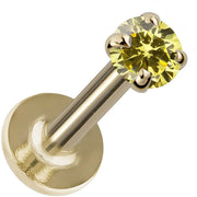 2mm citrine prong set flat back labret in 14K yellow gold, angled view on white background