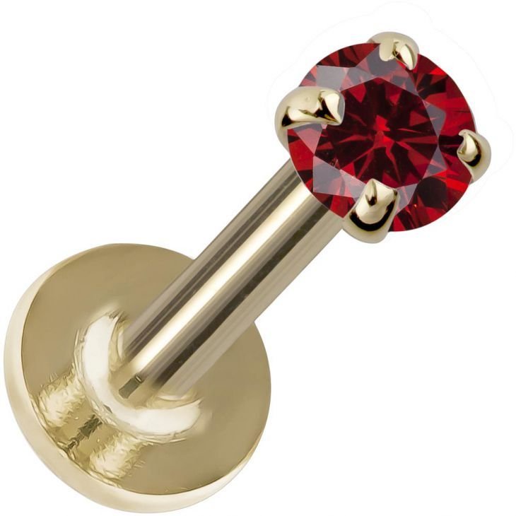 2mm garnet labret in 14K yellow gold showing prong-set red stone and polished flat disc backing