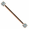 14k rose gold industrial barbell with dual clear CZ prong-set ends, front view on white background