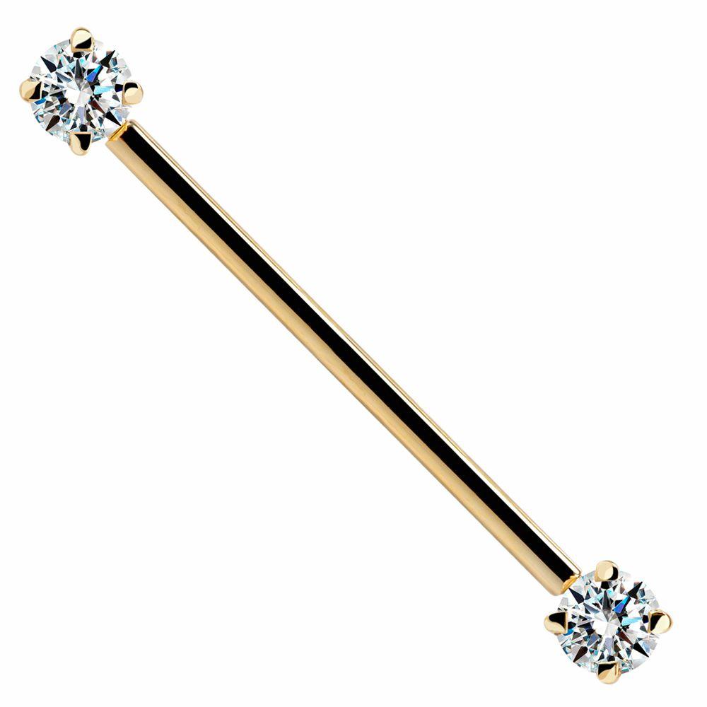 Clear Round Gem 14k Gold Industrial Piercing Barbell-14k Yellow Gold   16G (1.2mm)   1 9 16