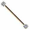 14k yellow gold industrial barbell with dual clear CZ prong ends, front view on white background
