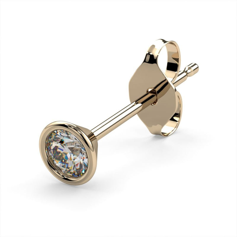 14K yellow gold bezel diamond stud earring, angled view showing cone-shape setting and butterfly back