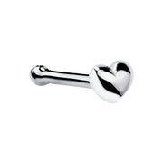 14k white gold puffy heart nose bone style, side view showing polished heart and ball-tipped post