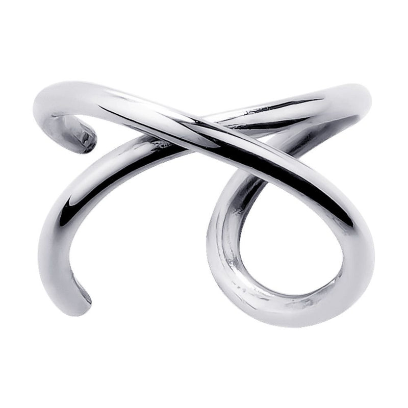 14k white gold criss cross X band ear cuff, front view with high-polish finish